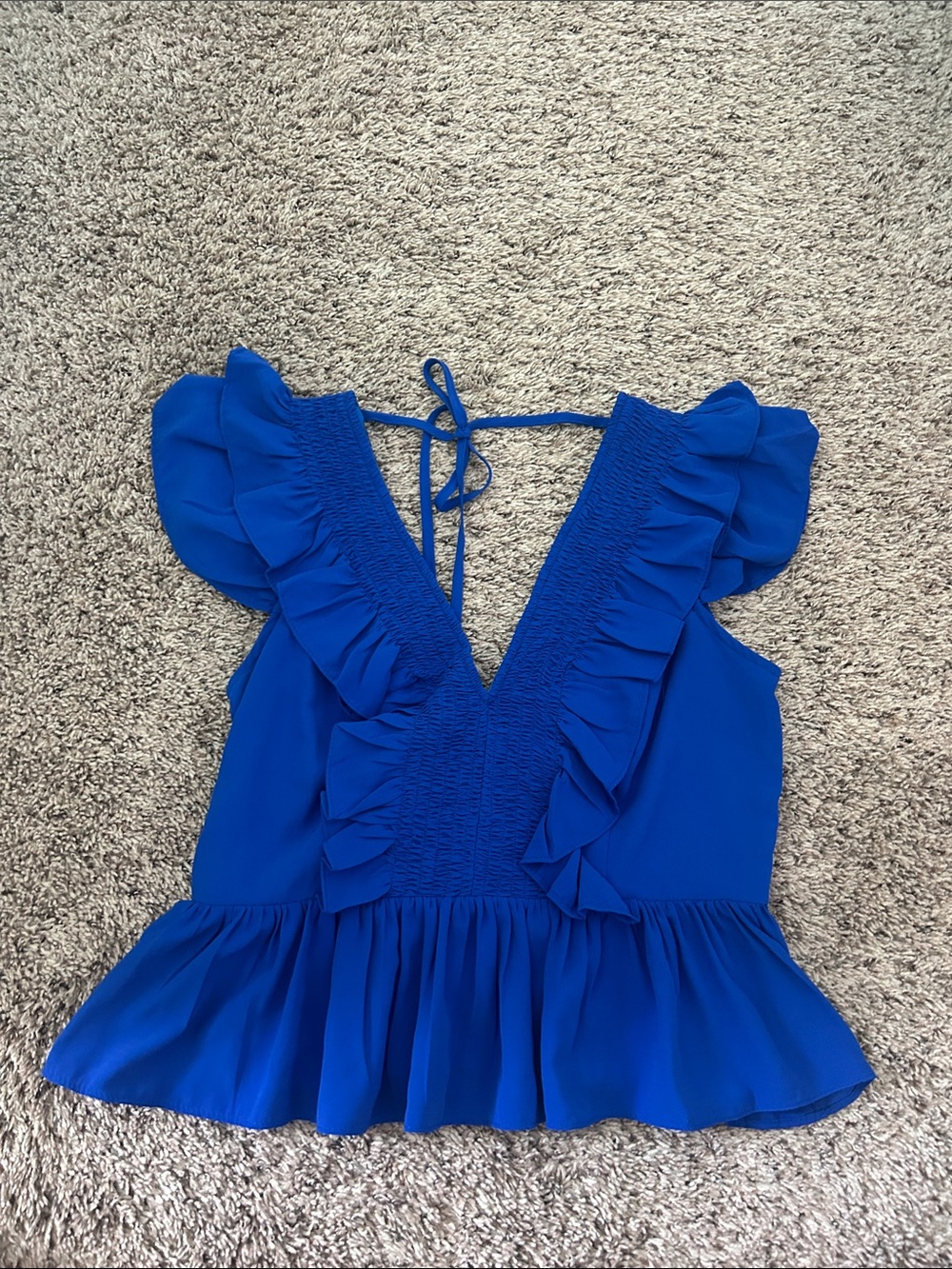 She + Sky Cobalt Blue Ruffle V-Neck Peplum Blouse - Picture 3 of 3